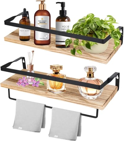 Set van 2 Houten Wandplanken met Handdoekrek, 40 cm, Decoratieve Planken voor Keuken, Badkamer en Woonkamer