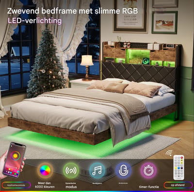 Tweepersoons Opbergbed 140×200 – Zwart Bedframe met LED & USB/Type-C – Hoofdbord – Extra Opbergruimte