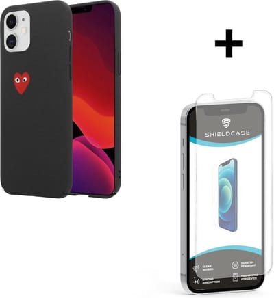 ShieldCase Heart Eyes geschikt voor Apple iPhone 12 Mini - 5.4 inch hoesje - telefoonhoesje met hartje / hart - zwart / rood + glazen Screen Protector