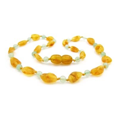 Wild Sun Barnsteen Ketting Baby / Peuter - Amber Ketting - Baltische Barnsteen – Pijnstillend bij Doorkomende Tanden - 32 cm – Beans - Honey groen