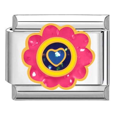Quiges - Schakel - Bedel - 9mm - charms - Kleurrijk - Bloem - met - hart - Geschikt voor - armband - Schakelarmband - italy bedels armband