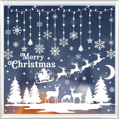 9 stuks - Kerstraamkleefstickers, witte raamkleeffolie met rendier, sneeuwvlok, slee, kerstboom, kerstman, maan, sterren kerstdecoraties - voor feestelijke huisdecoratie, kantoor- en partysupplies