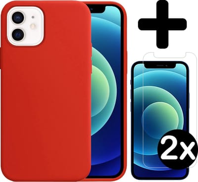 Hoesje - Met 2x Screenprotector - Geschikt voor Apple iPhone 12 - Sterk & Shockproof - Telefoon Hoes - Back Cover - Siliconen Case - Telefoonhoes - Rood