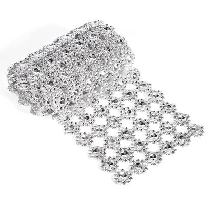 1 Yard Lange Bloemvormige Diamantgaas Warp Sprankelende Kunstmatige Kristal Strass Lint Decoratie white