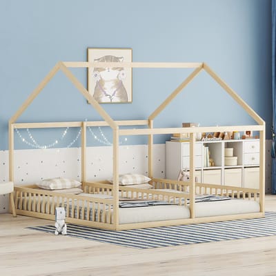 KOMHTOM Bed Kinderbed Kajuitbed 90x200 cm Twee eenpersoonsbed huismodellen bedden 2 in 1 Naturel