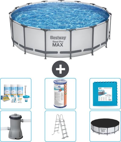Bestway Rond Steel Pro MAX Zwembad - 457 x 122 cm - Grijs - Inclusief Pomp - Ladder - Afdekzeil Onderhoudspakket - Filter - Vloertegels