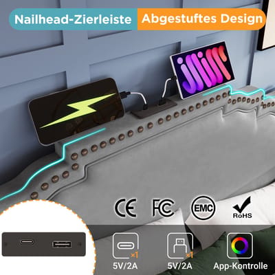 Tweepersoonsbed - 180x200 - Polsterbed met 4 lades, LED en USB-C opladen - fluweel - grijs - zonder matras