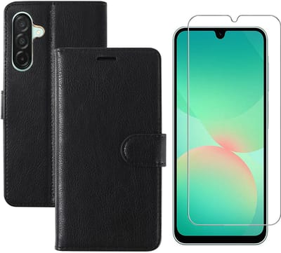 Hoesje geschikt voor Samsung Galaxy A26 bookcase Zwart - Met screenprotector tempered glass Galaxy A26