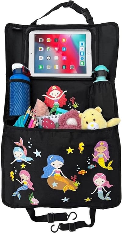 Kinder Auto Rugleuningbeschermer Organizer met Verstelbare Tablethouder tot 20 inch – Zeemeermin Motief – Universeel – 70x45 cm – Incl. Koeltas en Stretch-netvak