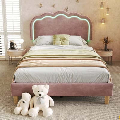 VVBV Gestoffeerd Kinderbed 90x200 cm met Lattenbodem, Verstelbaar Hoofdbord - Voor Slaapkamer/Gastenkamer - Fluweel Roze