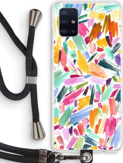 Hoesje met koord geschikt voor Samsung Galaxy A51 4G hoesje met Koord - Watercolor Brushstrokes - Telefoonhoesje met Zwart Koord - Bescherming aan alle Kanten en Over de Schermrand