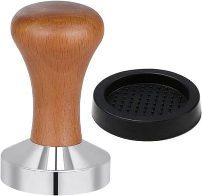 GELLDG Koffiestamper - 51 mm tamper - met houten handvat en siliconen pad - roestvrij staal - geschikt voor espresso - stevig en zwaar - barista-stijl