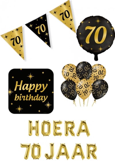70 jaar Classy Party decoration pakket – luxe glamour goud zwart ballonnen – folieballonnen – vlaggenlijn