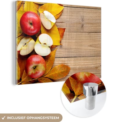 MuchoWow® Glasschilderij 120x90 cm - Schilderij acrylglas - Appel - Bladeren - Herfst - Fruit - Foto op glas - Schilderijen