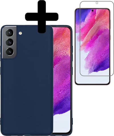 Hoesje - Met Screenprotector - Geschikt voor Samsung Galaxy S21 FE - Sterk & Shockproof - Back Cover - Siliconen Case - Telefoon Hoes - Telefoonhoesjes - Donkerblauw