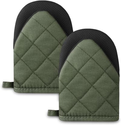 Thijox - Korte Ovenwanten Groen - Hittebestendige Neopreen Katoenen Ovenwant met Antislip Oppervlak en Ophanglus - Mini Keukenwanten voor Koken, Bakke