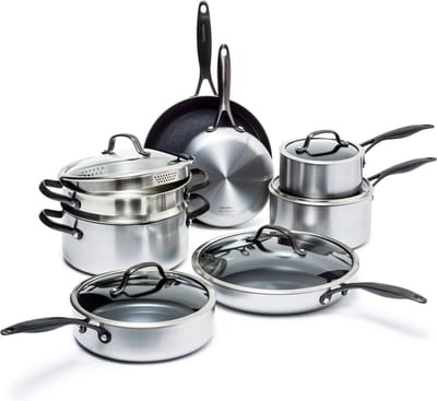 GreenPan Venice Pro Noir Pannenset 14-delig - PFAS-vrije antikleeflaag - Pannenset inductie - Keramische pan - Ovenbestendig tot 220°C - Met glazen deksel - Zilver