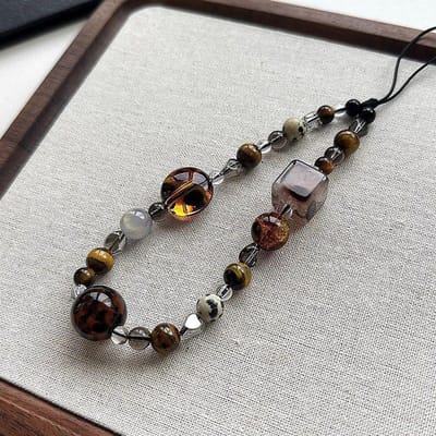 Chaîne de Charme de Téléphone Perles Œil de Tigre Rétro Fait Main Perles de Verre Marron Bracelet de Poignet Esthétique Vintage Lanière de Téléphone pour Filles Other