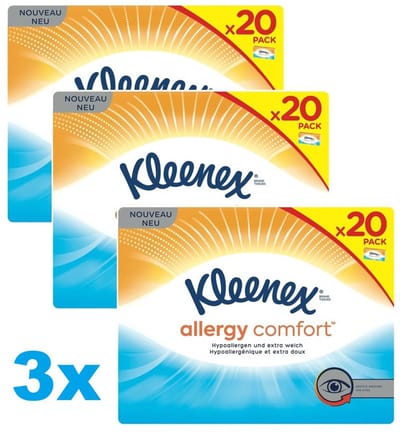 Kleenex Allergy Comfort Tissues – 3 x 20 Pack van 9st – Hypoallergeen & Extra Zacht – Voordeelverpakking