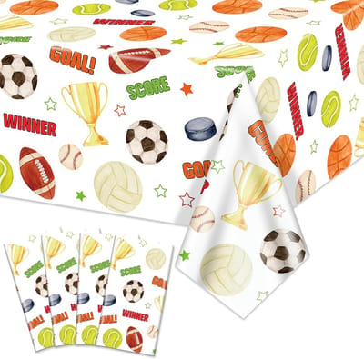 4x Sport Thema Tafelkleden (130x213 cm) - Combinatie van Voetbal, Basketbal, Honkbal & Hockey Decoratie