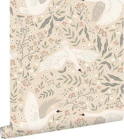ESTAhome behang zwanen beige, wit en vergrijsd groen - 53 cm x 10.05 m - 139797