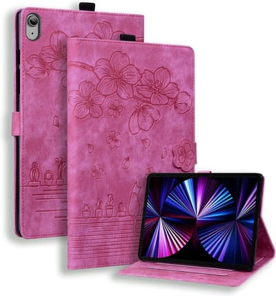 Luxe Bescherm-Etui Hoes Map geschikt voor Apple iPad 10 - A16 - 10.9 - 2022 - 2025 - Bloemen en Kat - Roze
