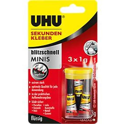 UHU secondelijm blitzschnell mini's 3 x 1 g, vloeibaar, watervast, set van 3