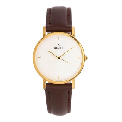 KRAEK Yaël Goud Wit 32 mm | Dames Horloge | Bruin leren horlogebandje | Minimaal Design | Véjile collectie