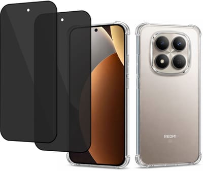 Hoesje met Privacy screenprotector geschikt voor Xiaomi Redmi Note 15 Pro - Luchtkussens - Siliconen Hoes - Gehard Glas - Transparant - 2 Stuks