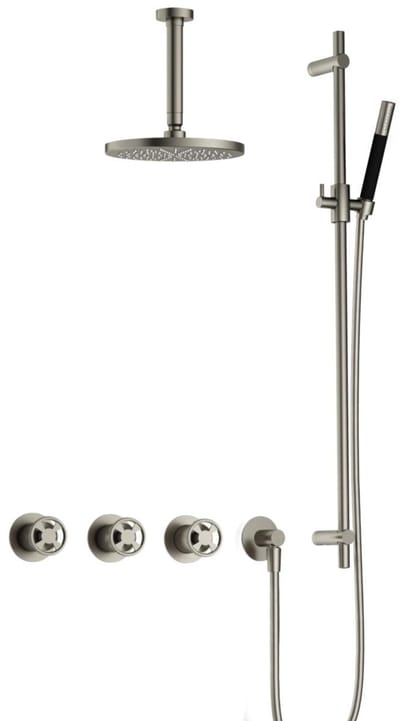 Hotbath Cobber @Work IBSW70 inbouw regendoucheset met staafhanddouche aan glijstang en 20cm ronde hoofddouche aan 15cm plafondarm geborsteld nikkel