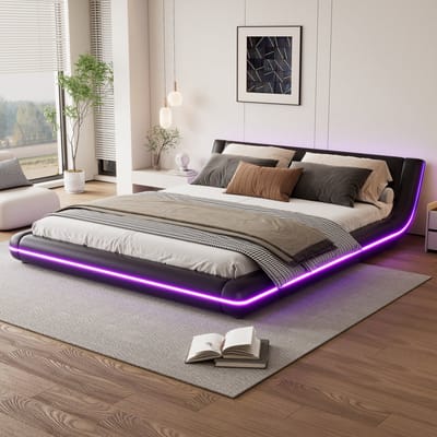 REDOM Modern Wave Bed met LED Verlichting (160x200) - Zwevend Tweepersoonsbed - Kunstleer (App-Bediening) - Zwart