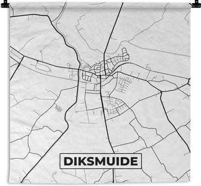 Wandkleed - Wanddoek - Zwart Wit – België – Plattegrond – Stadskaart – Kaart – Diksmuide - 180x180 cm - Wandtapijt