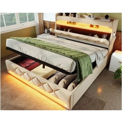 ModernLuxe Gestoffeerd opbergbed 180x200 cm - met LED en USB-oplaadpoorten - Linnenstof - Hoofdeinde met opbergruimte - Beige