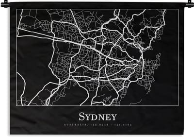 Wandkleed - Wanddoek - Kaart - Sydney - Stadskaart - Plattegrond - 120x90 cm - Wandtapijt