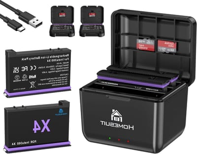 Camerabatterij en Lader Kit - Reservebatterij Oplaadstation - Actiecamera Gebruik - 3-Kanaals Snelladen - 2x Batterij - Lila