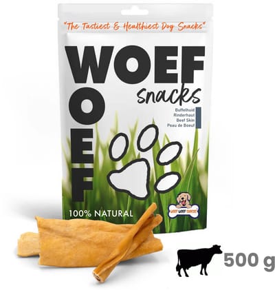 Woef Woef Snacks Hondensnacks Runderhuid - 0.50 KG - Kauwsnacks - Gedroogd vlees - Rund - honden vanaf 8kg - Geen toevoegingen