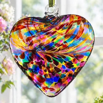 Vriendschapshart van 12 cm - Sending Love - veelkleurig turkoois - mondgeblazen glas - hanger