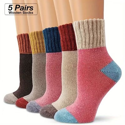 5 Paar Dames Winter Sokken – Vintage Patchwork Wol, Comfortabel en Warm, Casual, Sportief, Herfst & Winter, Dikke Warme Sokken voor Buiten