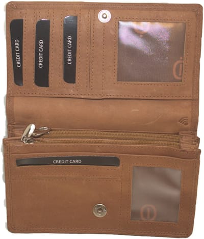 Oi cognac bruine gemêleerde leren Europortemonnee met soufflé / halflange harmonicaportemonnee voor dames / overslag beurs die dikker kan worden / skim veilig / camel- zand kleur / 214Rot