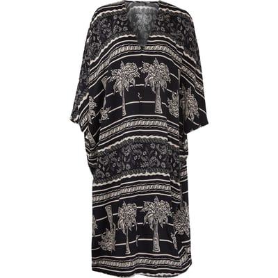 Dames zwarte midi-jurk met print en spaghettibandjes, oversized strandjurk
