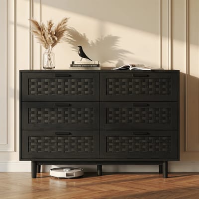 Commode Voor Slaapkamer, 6-Laden Rotan Commode, Massief Houten Commode, Geschikt Voor Het Gemakkelijk Organiseren Cosmetica, Sieraden Andere Spullen, Zodat uw Kantoor Netjes Blijft (Zwart)