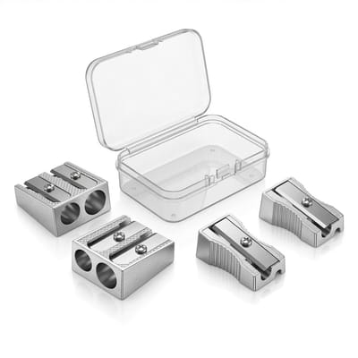 Dailygoods - Potloodslijperset met 4 stuks, 2 dubbele puntenslijpers + 2 enkele puntenslijpers + opbergdoos, kleine puntenslijper van metaal voor school, kantoor en thuis, ideaal voor potloodslijper en