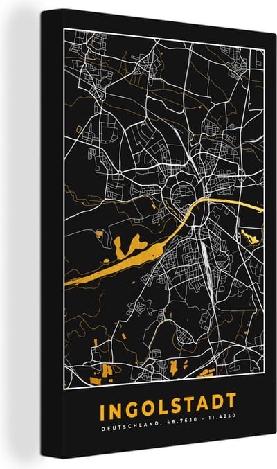 Canvas Schilderij Ingolstadt – Stadskaart – Gold – Plattegrond – Stadskaart – Kaart - Duitsland - 20x30 cm - Wanddecoratie