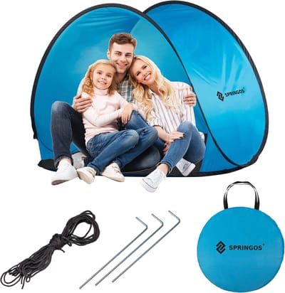 Springos Strandtent | Pop-Up Strandtent | UV Filter | Inclusief Draagtas | 120 x 150 x 110 cm | Blauw