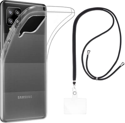 Set met hoesje en nekband voor Samsung Galaxy a42 - Flexibele, transparante TPU-bescherming, verstelbare universele nekband voor mobiele telefoons, zwarte nekband, transparante draagriem van Phonillico®