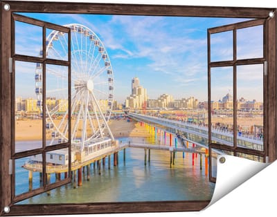 Gards Tuinposter Doorkijk Scheveningen Pier met de Ferris Wheel - Reuzenrad - 90x60 cm - Tuindoek - Tuindecoratie - Wanddecoratie buiten - Tuinschilderij