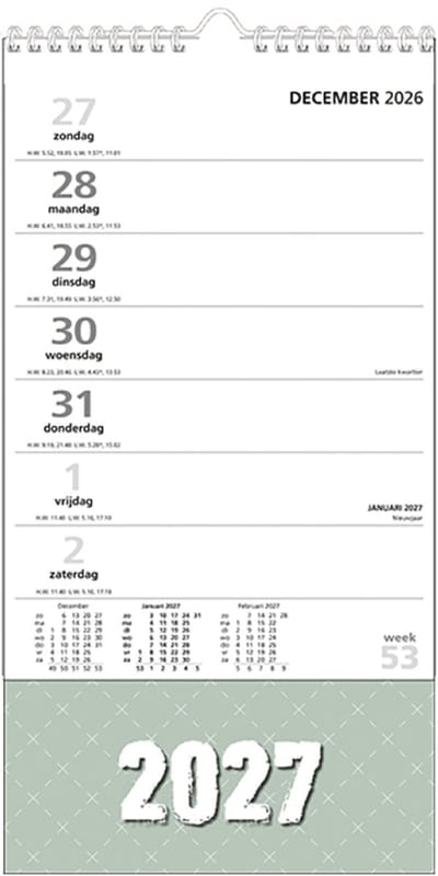 MGPcards - XL Minikalender 2027 - Week begint op zondag - 16 x 30 cm - Groen
