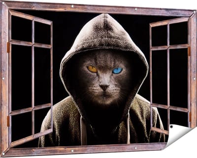 Gards Tuinposter Doorkijk Boze Kat Draagt een Hoodie - 150x100 cm - Tuindoek - Tuindecoratie - Wanddecoratie buiten - Tuinschilderij
