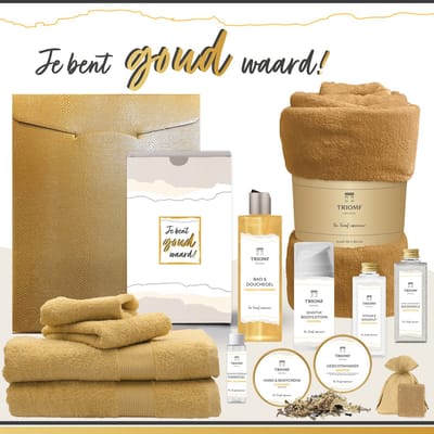 Geschenkset “Je bent goud waard!” - 13 producten - 1980 gram | Triomf Original - Giftset voor haar Cadeaupakket Luxe Wellness Bedankt Pakket Verjaardag Vrouw Moederdag Cadeau Kerst Kerstpakket Cadeau Zorg Medewerker Vrijwilliger Gift Set Okergeel