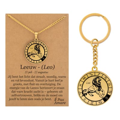 Sterrenbeeld Leeuw / Leo Ketting + Sleutelhanger - Goudkleurig - Stainless Steel op Cadeau Kaartje- 60cm - Pax Amare
